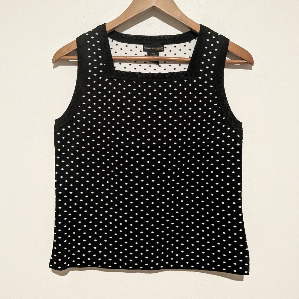 Nwt Grace Dane Lewis Petite Blk White Polka Dot Sweater Knit Shell Top PS Small